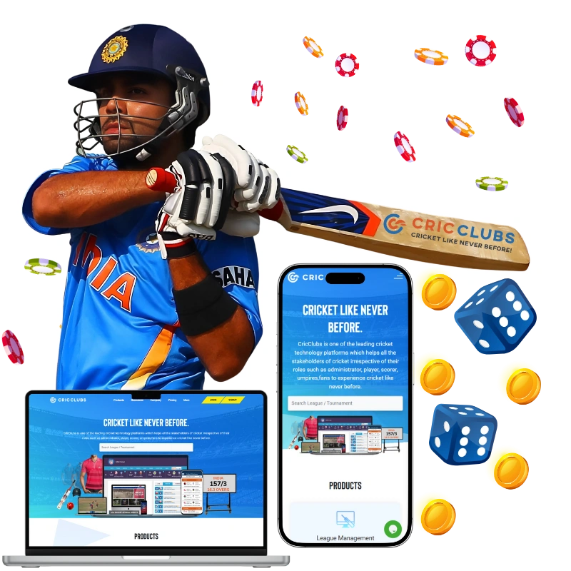 cricclubs indian player with laptop and celphone dice and casino coins